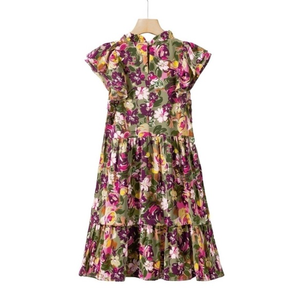 Green Floral Print Ruched Flutter Sleeve Frilled Neck Mini Dress size large NWOT - Picture 3 of 7